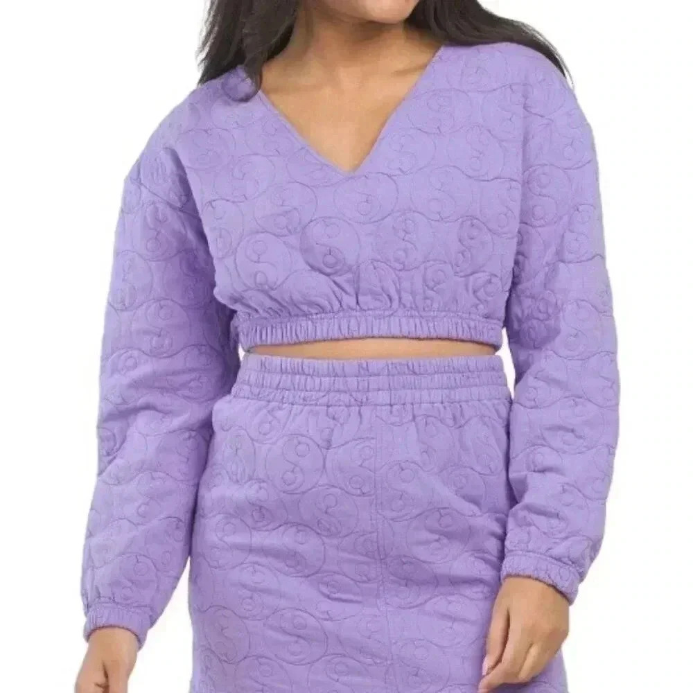 Long Sleeve Quilted Crop Top (Color: Lavendar)